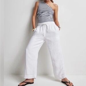 J. Crew Straight Leg Seaside Pants Linen Elastic Waist White UnLined Size Medium